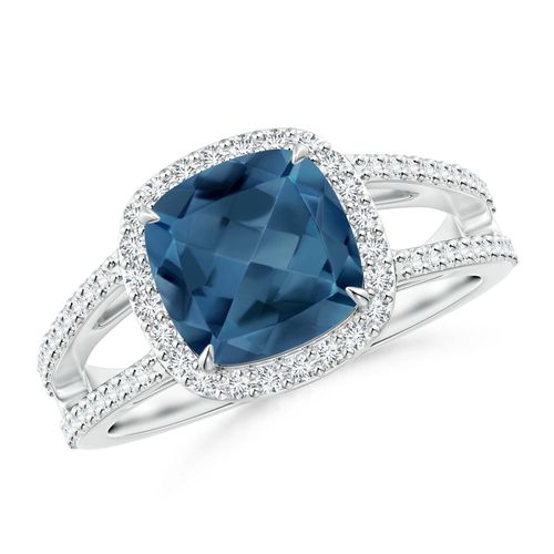 Angara 2.5 Carats Cushion London Blue Topaz Split Shank Ring with Diamond Halo in Platinum
