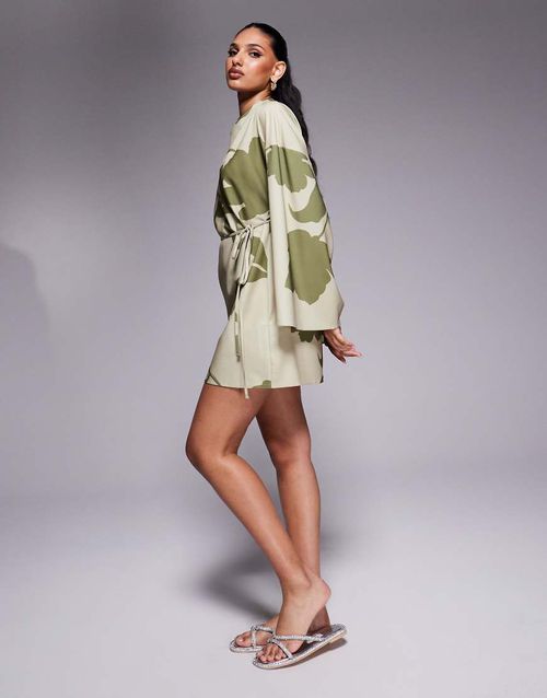 ASOS DESIGN kimono sleeve mini dress in two-tone floral-Multi