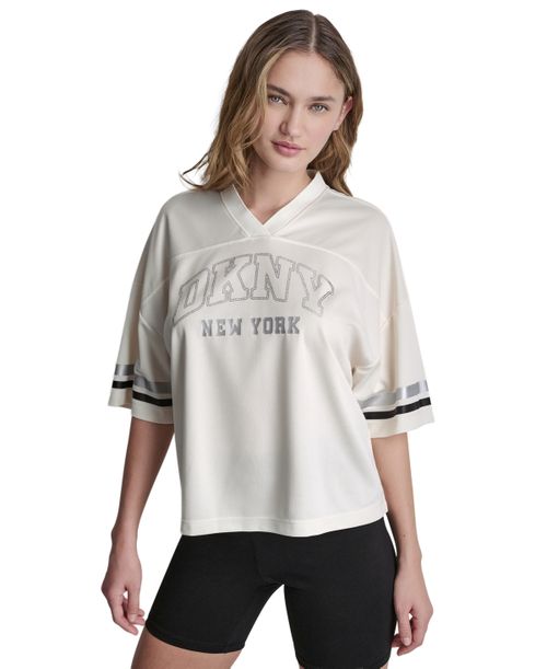 Women's Varsity Rhinestone V-Neck Sports Jersey - Eggnog/blak