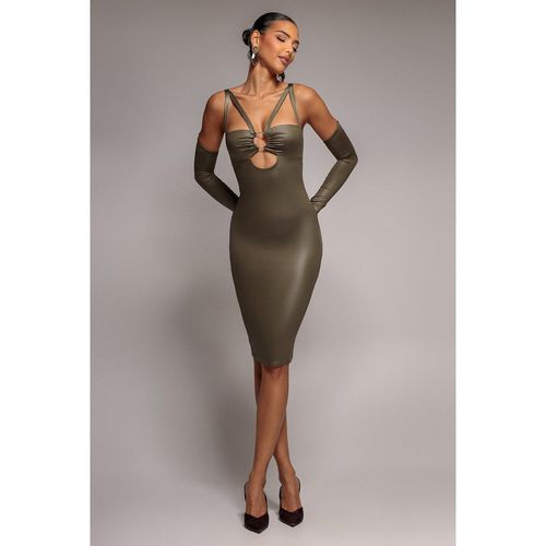 Goddiva Faux Leather Cut Out Sheath Midi Dress - Khaki