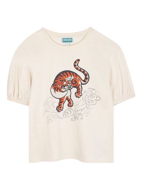 Tiger-print puff-sleeve T-shirt - Neutrals