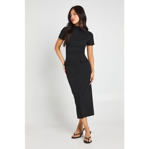 Boohoo Womens Petite Crepe High Neck Pocket Detail Midi Dress - Black