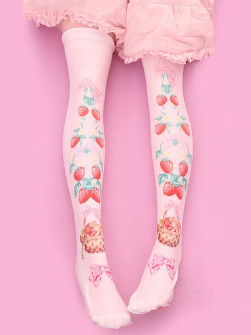 Sweet Lolita Stockings Strawberry Pink Velvet Printed Lolita Knee High Sock