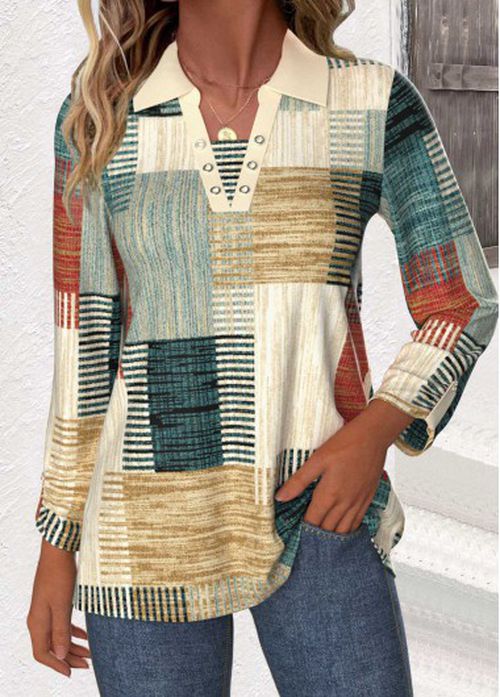 Modlily Multi Color Patchwork Geometric Print Long Sleeve Blouse