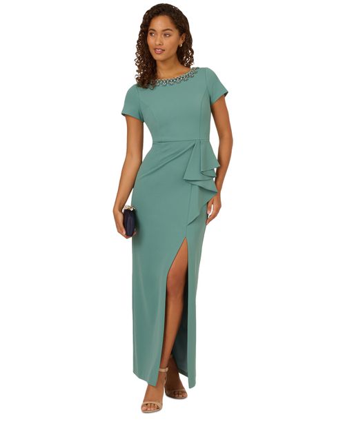 Adrianna Papell | Women's Crepe Embellished-Neckline Column Sheath Gown - Green  Slate | Realry