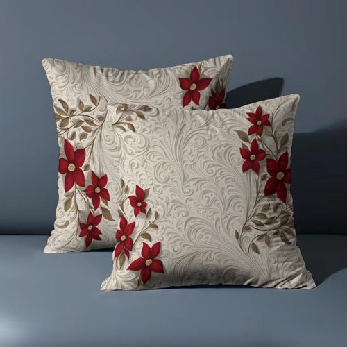 TEMU 2pcs Vintage Red Floral Swirl Throw Pillow Covers 17.7x17.7 Inch, Soft Plush Pillowcases With Zipper Closure For Sofa Room Decor, Machine