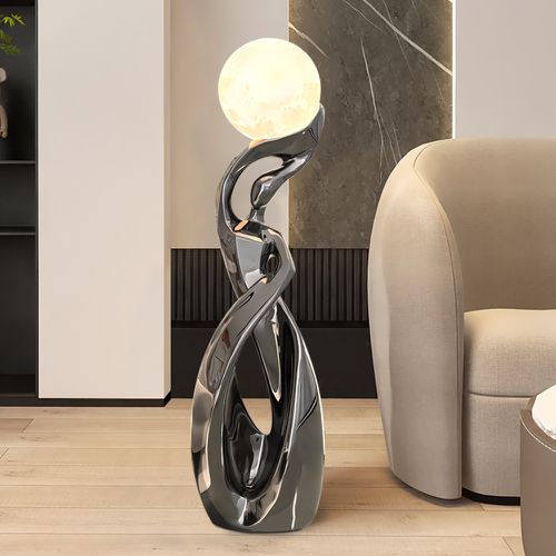 Sculpture en argent avec sphère illuminée, décoration d'art moderne pour salon