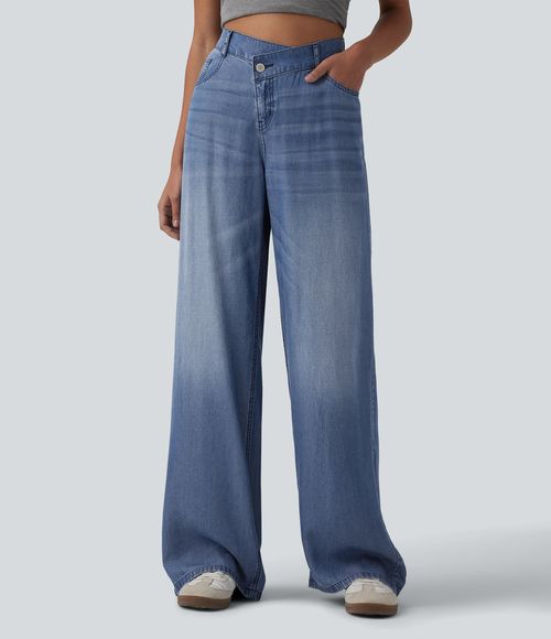Asymmetric Mid Rise Draped Wide Leg Casual Jeans with Pockets  - Blue Jasper Denim