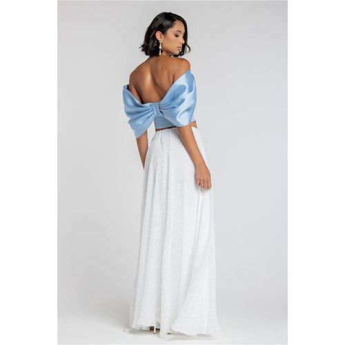 Goddiva Off Shoulder Back Satin Bow Scuba Corset - Light Blue