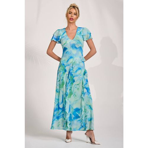 Jolie Moi Women's Cap Sleeve Ruffle Mesh Maxi Dress in Blue
