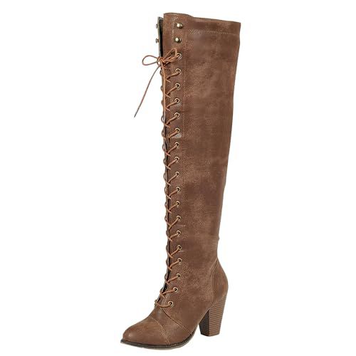 Forever Women's Chunky Heel Lace Up Over-The-Knee High Riding Boots