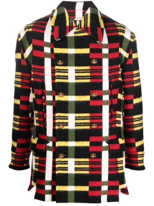 Check-print double-breasted coat - Black