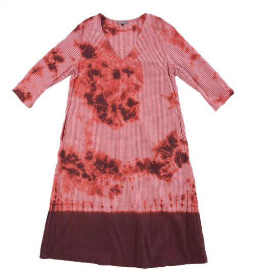 Women's Cotton Gingham Check 3/4 Sleeve V Neck Dress In Bordeaux / Red