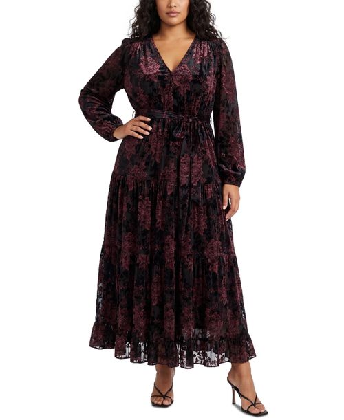 Plus Size Burnout Velvet Maxi Floral A-Line Dress - Black.china Rose