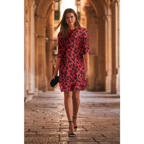 Sosandar Womens Red & Black Leopard Print Ruffle Hem Shift Dress - Animal - 6 Regular