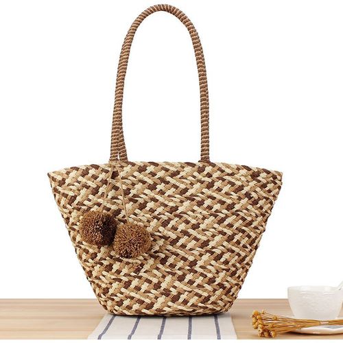 Eco Chic Straw Tote Bag with Pom Pom Charm