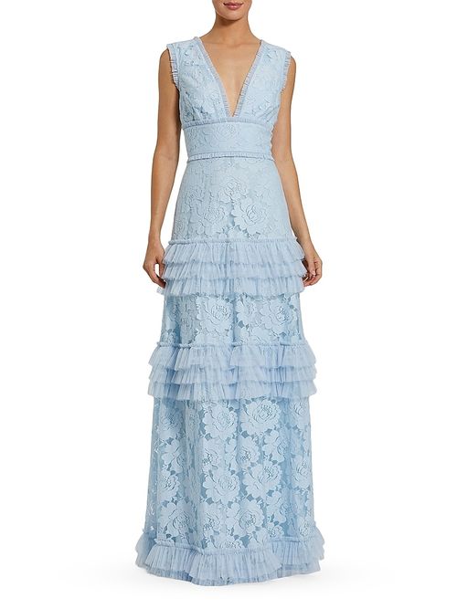 Women's Floral Lace Tiered Gown - Powder Blue