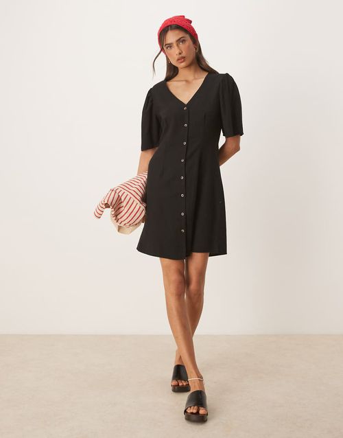 JDY linen mix mini shirt dress in black