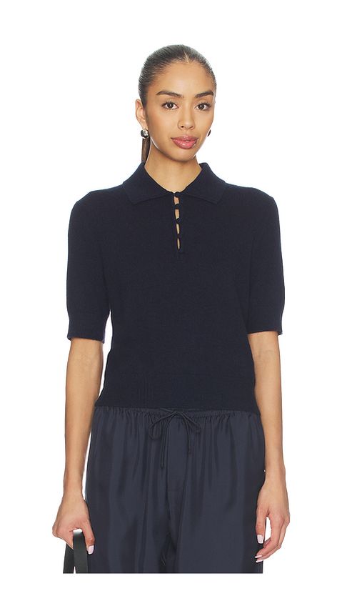 White & Warren Cashmere Button Polo in Navy. L. Also in M