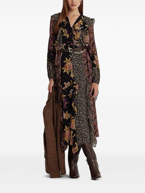 Floral-print ruffled midi dress - Black