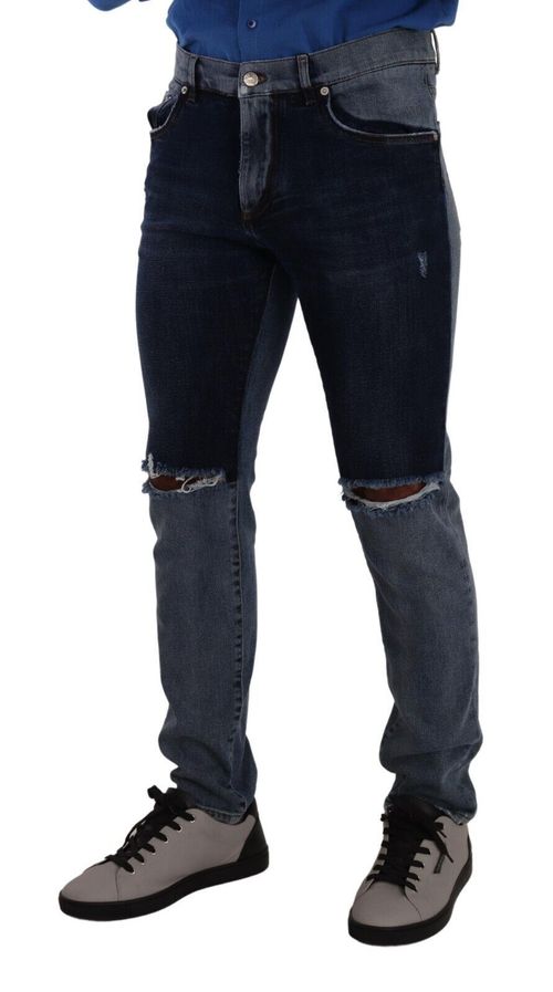 Two-Tone Tattered Denim Jeans — Blue