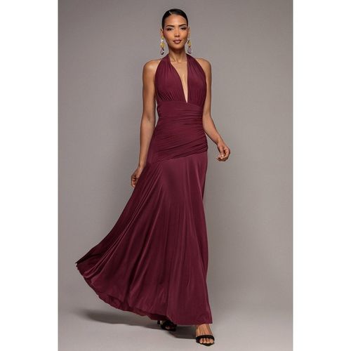 Goddiva Halter Neck Empire Waist Gathered Maxi Dress - Burgundy