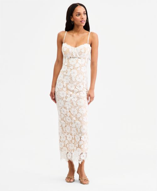 Juniors' Lace Sweetheart-Neck Lace-Up-Back Midi Dress - WHITE/NUDE