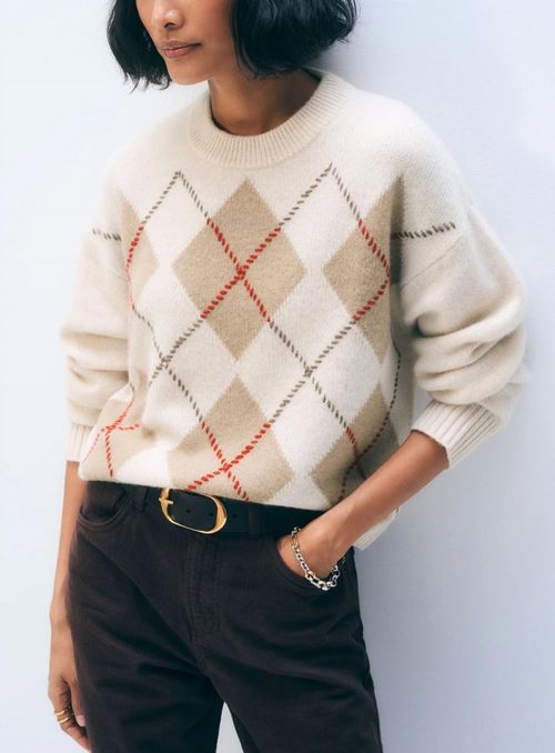 Cashmere Argyle Crew Sweater In Natural Combo