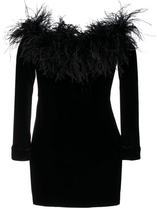 - Feather Detail Velvet Short Dress