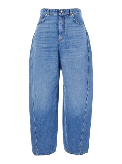 Blue Jeans With Logo Patch On The Rear And Wide Leg In Denim Woman