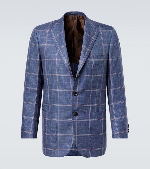 Checked cashmere, wool, silk, and linen blazer