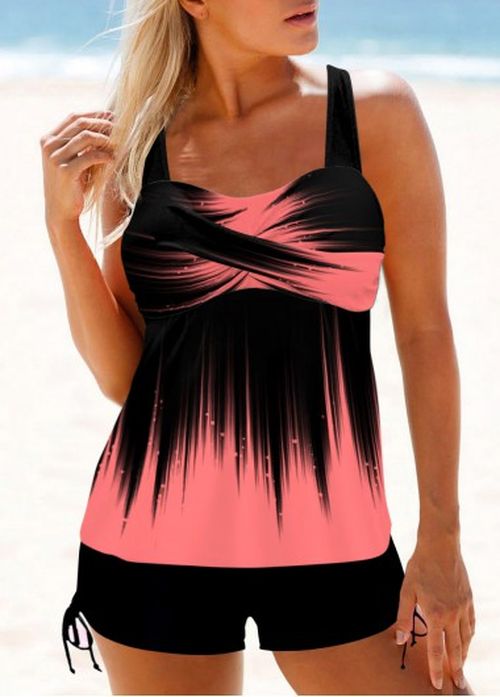 Modlily Ombre White Cross Front Wide Strap Tankini Set