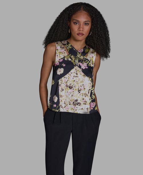 Women's V-Neck Sleeveless Mix Print Top - Black/Lush Olive Multi