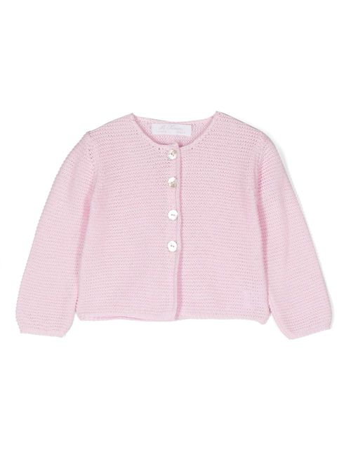 Crochet-knit button-up cardigan - Pink