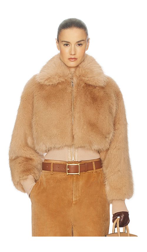 Helsa Faux Fox Bomber Jacket in Tan. XS. Also in L, M