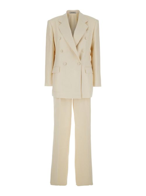 Double-Breasted Linen Pant Suit — White