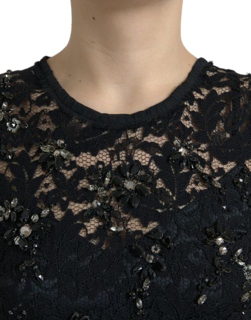 Floral Lace Crystal-Embellished Sheath Dress — Black