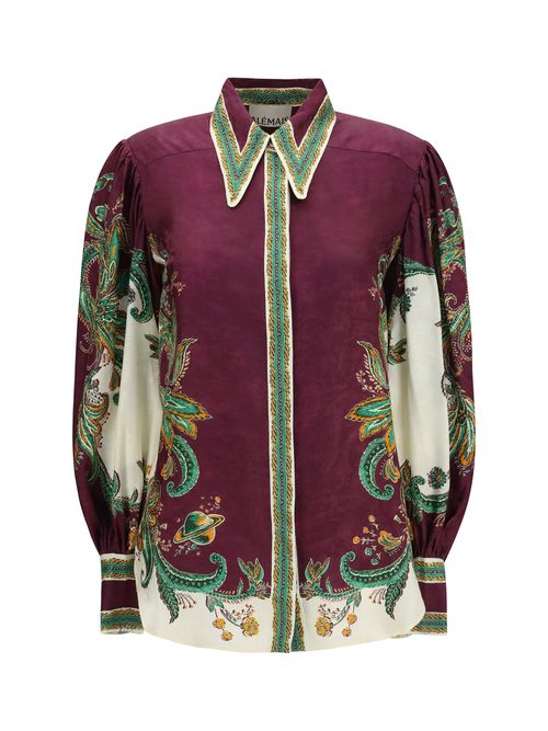 Botanical-Print Silk Blend Shirt — Purple