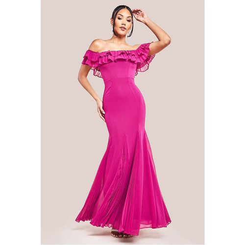 Goddiva Frilled Off The Shoulder Pleated Chiffon Maxi Dress - Magenta