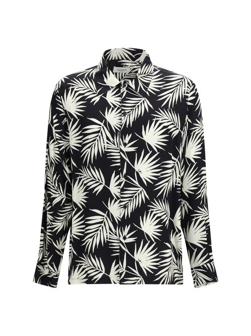 Tropical Palm-Print Viscose Bowling Shirt — Black