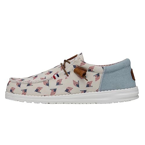 Hey Dude® Wally Patriotic Slip-On Casual Shoes for Men and Women – Canvas Upper – Textile Lining – Moc Toe Off-White Patriotic EU