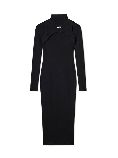 Black Off Stamp Ribbed Midi Dress