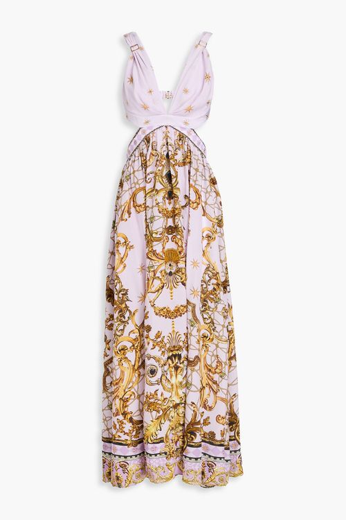 Cutout crystal-embellished printed silk crepe de chine maxi dress