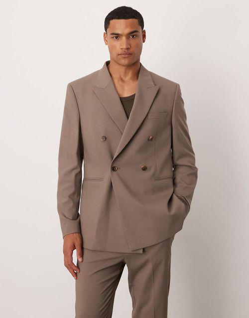 Double breasted slim suit jacket in taupe brown