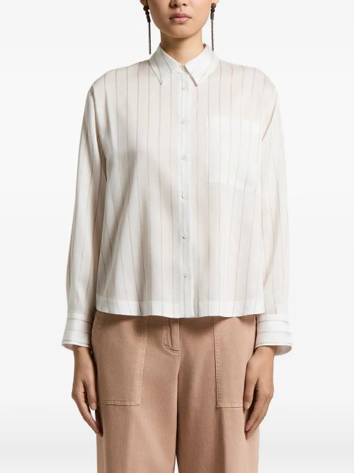 Vertical-Stripe Chest-Pocket Shirt — Beige