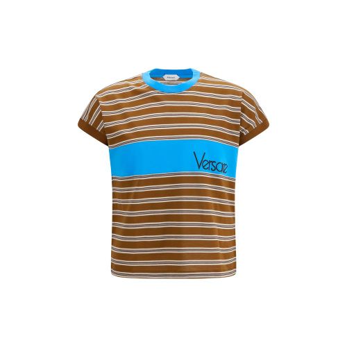 Striped Cotton with Embroidered Logo T-Shirt — Brown