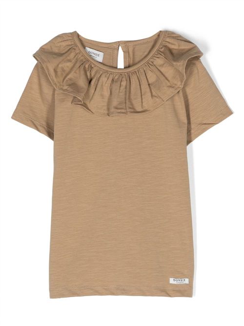 Ruffle-collar stretch-cotton T-shirt - Brown