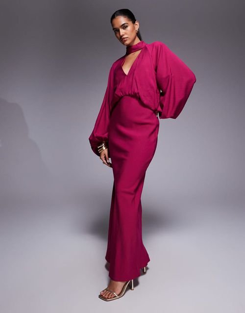 High neck plunge maxi dress with blouson sleeves in raspberry-Pink