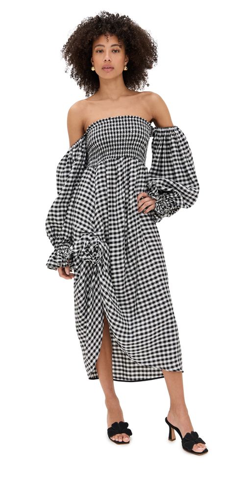 Sleeper Atlanta Linen Dress with Rose Detail Black Vichy