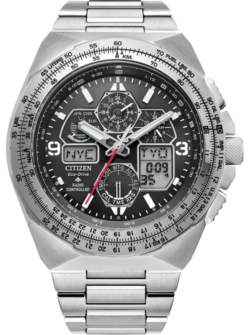 Eco-Drive Promaster Skyhawk A-T 46mm Watch with Black Dial and SS Bracelet